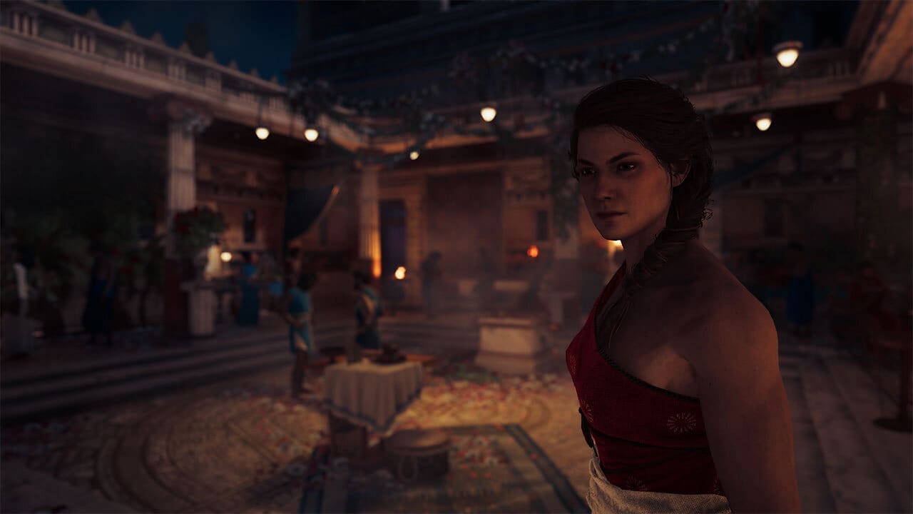 Kassandra at a temple at sunset