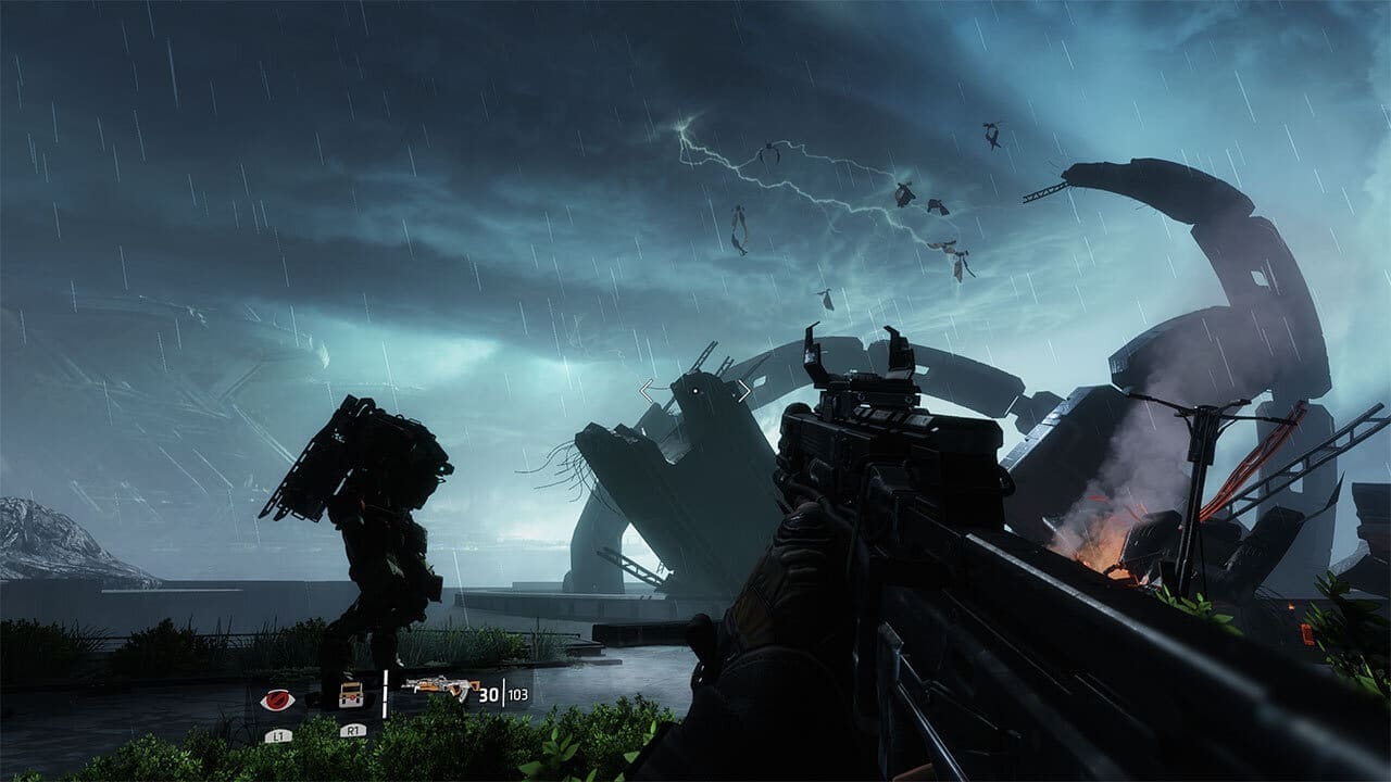 BT-7274 looms protectively over Jack Cooper amid smoke and sparks