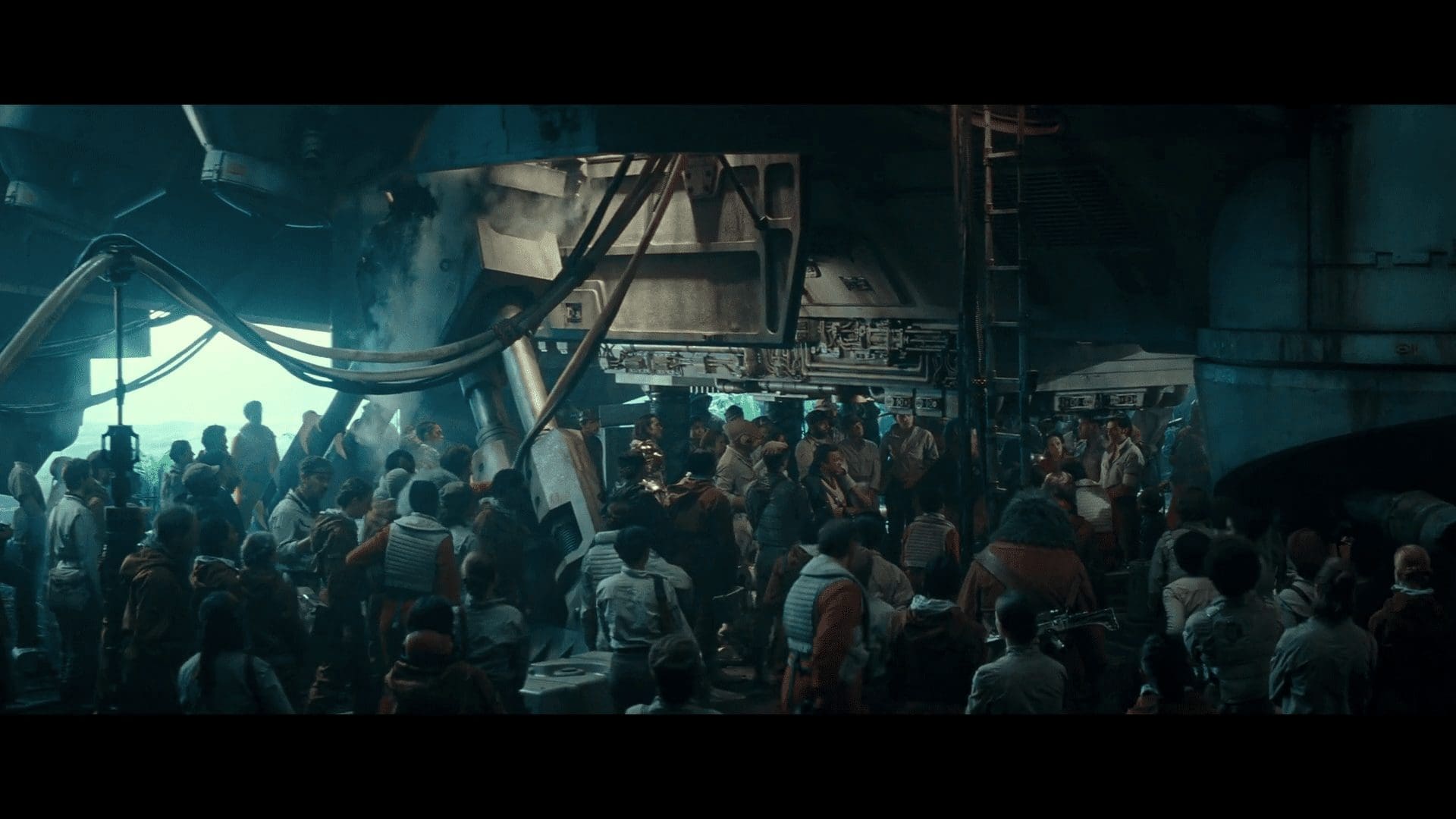 Resistance hangar with crews and pilots preparing