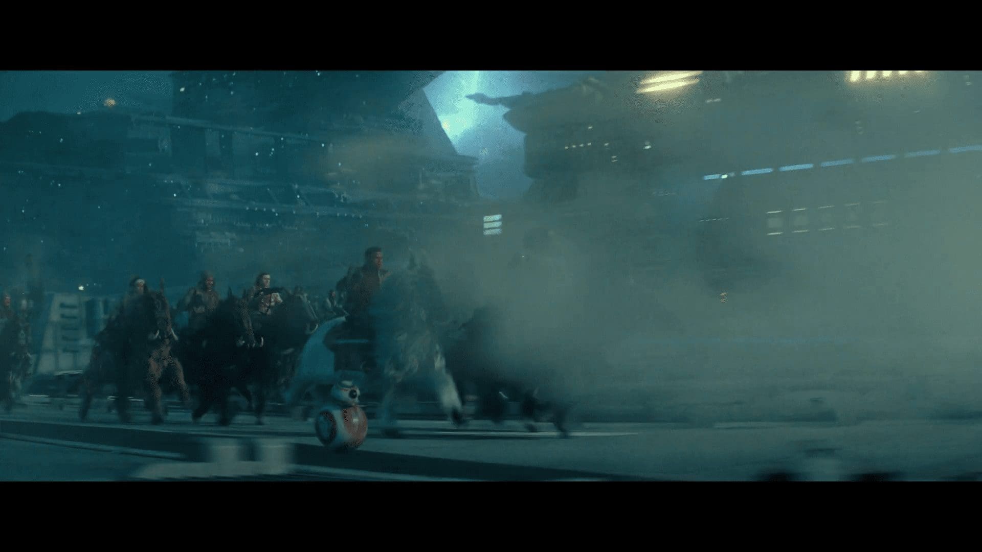 Jannah and Finn riding orbaks across a Star Destroyer