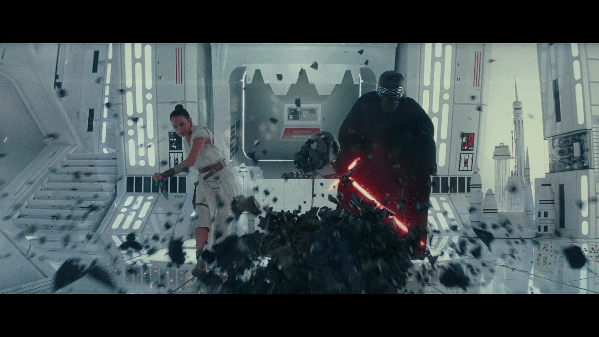 Rey and Kylo shatter a pedestal—Vader’s helmet shrine?