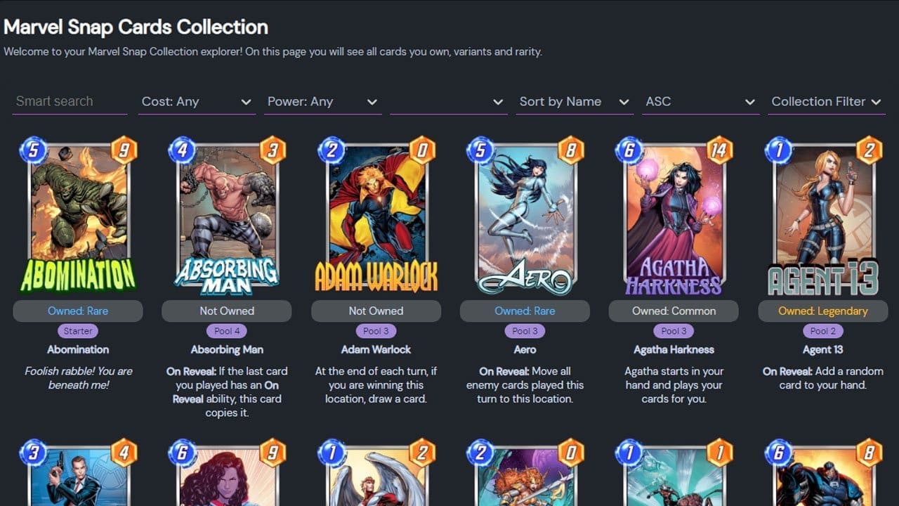 Marvel Snap app tracks your collection, shows pool progress, shows deck stats, replays and more