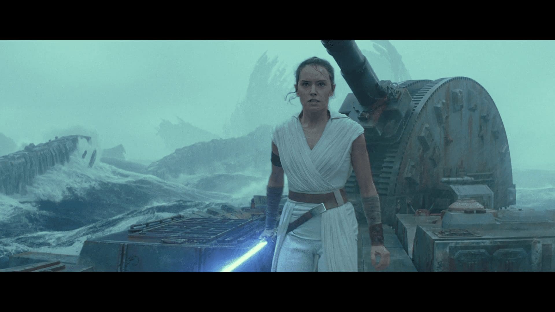 Kylo Ren approaching on rain-soaked Death Star wreckage