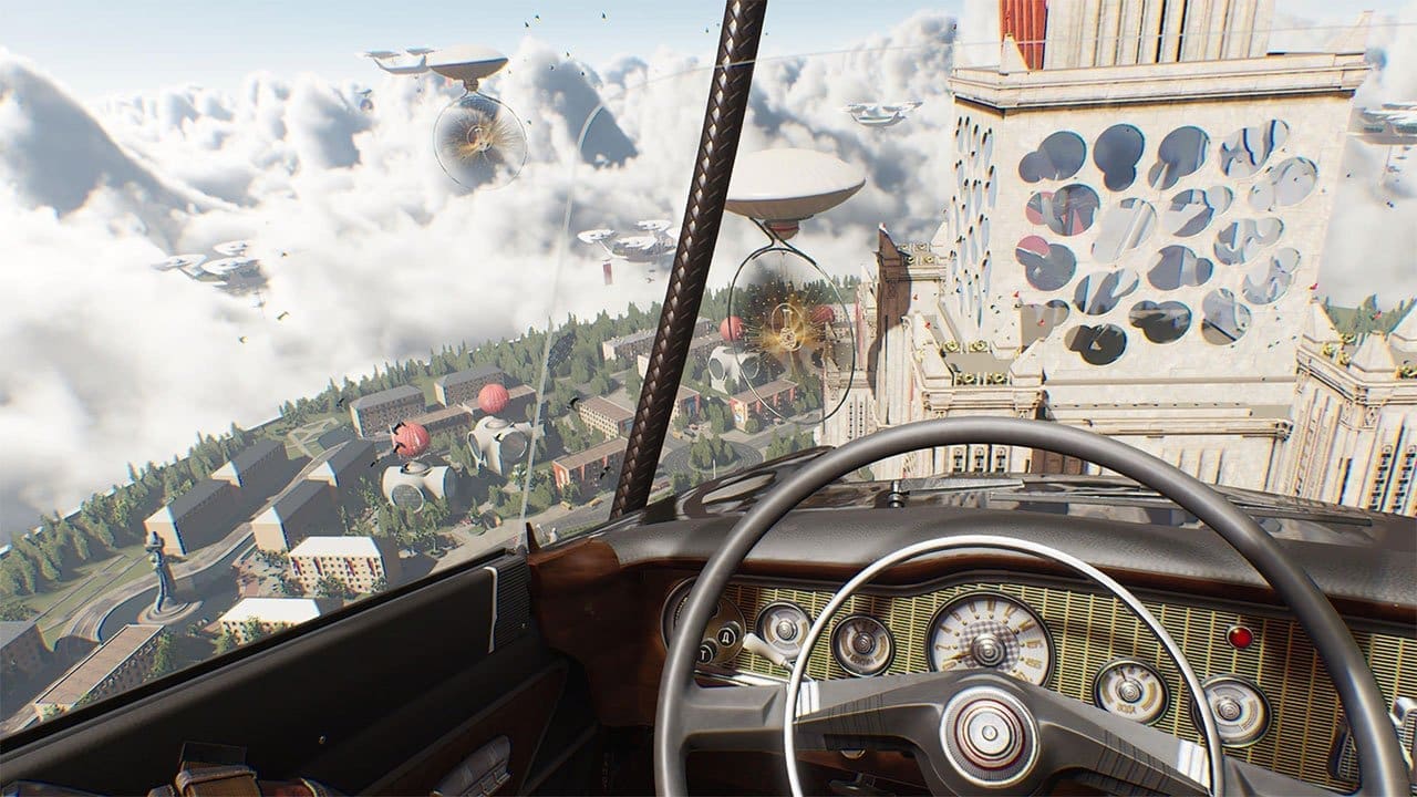 Atomic Heart screenshot — player character facing mechanized enemies