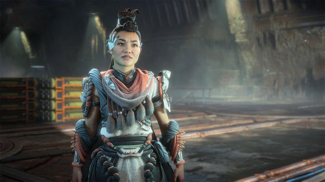 Aloy gliding across a ruined skyline