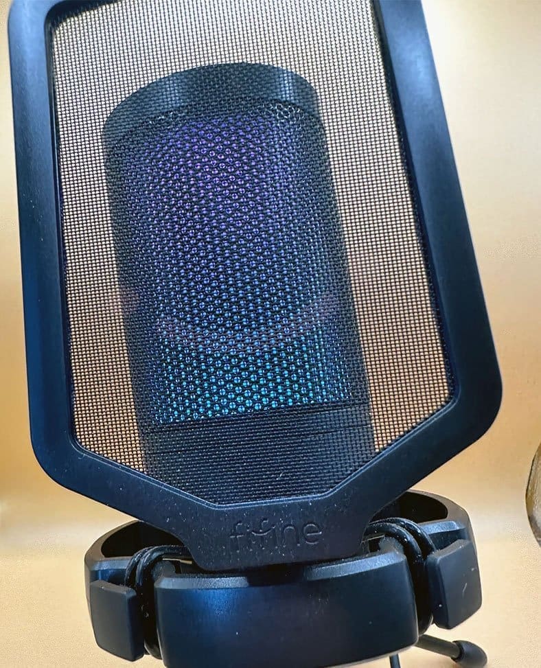 FIFINE A6V close-up — gain knob and pop filter detail