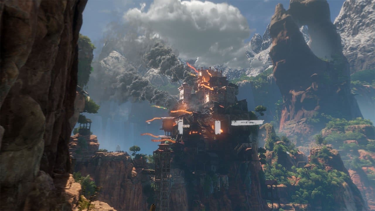 Boat ride with machines looming overhead in Horizon Call of the Mountain