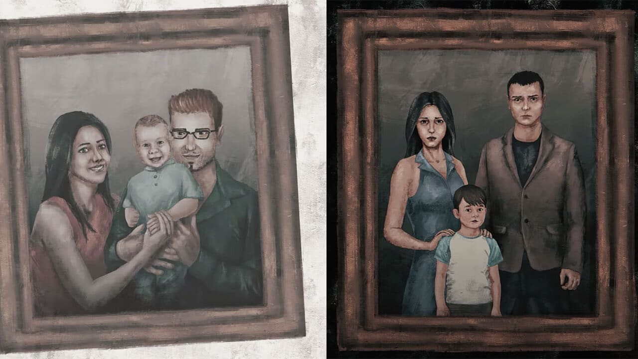 Two family photos contrast the family dynamics
