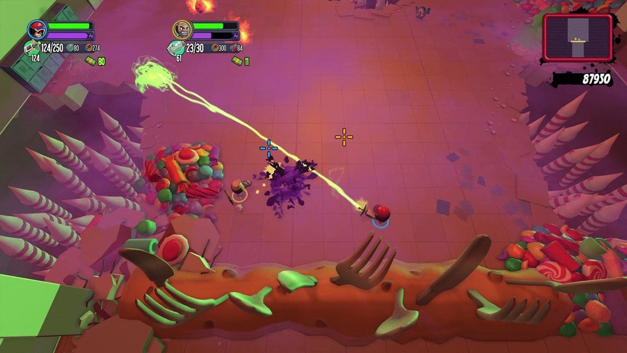 Two players kiting waves of food monsters through a neon-lit street