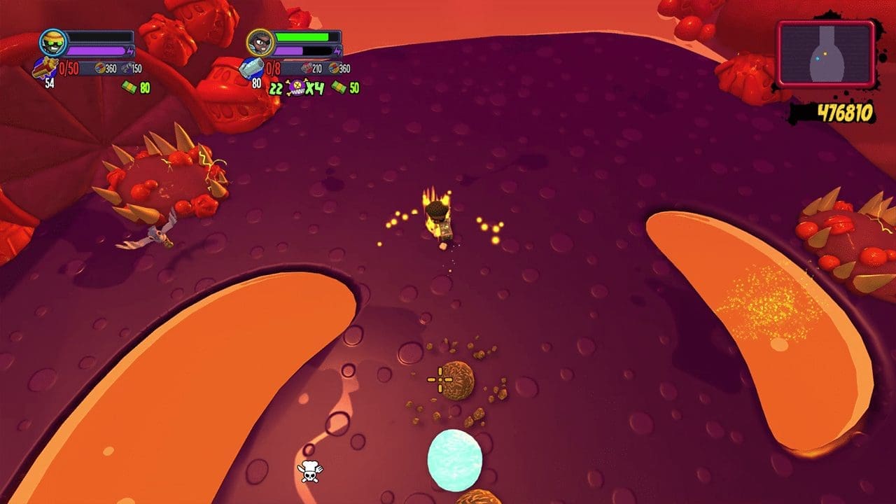 Player dodging projectiles while a giant burger boss charges