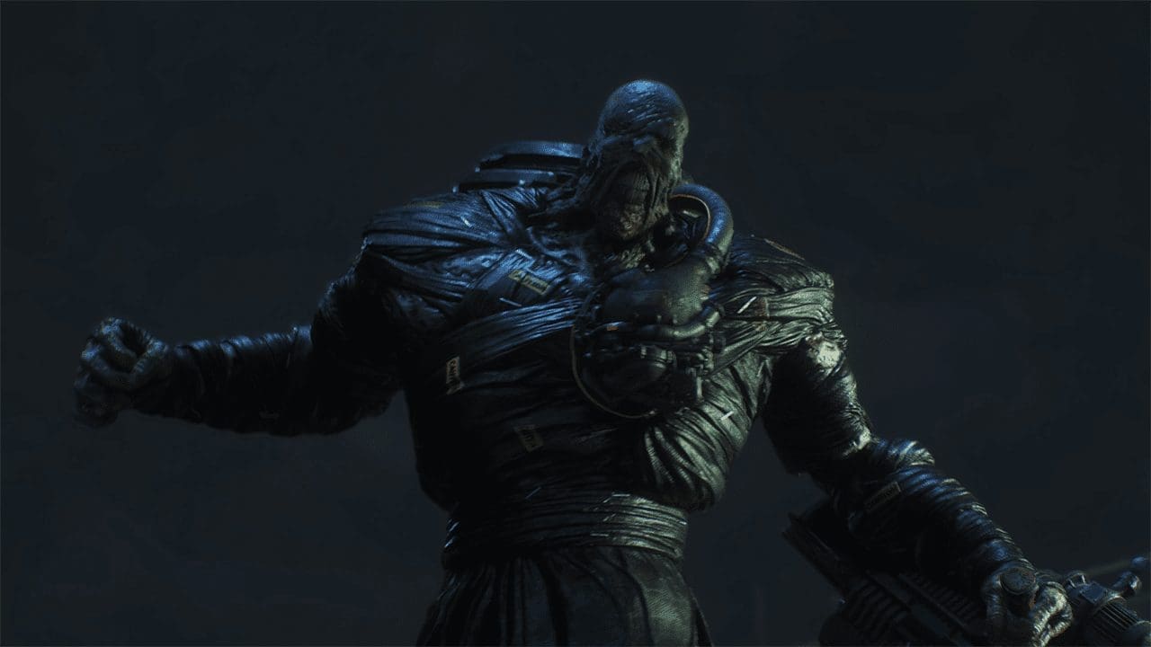 Nemesis towering over a burning street