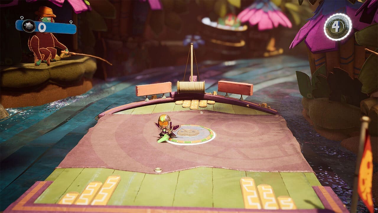 Sackboy on a boat with a laser sword and superhero outfit