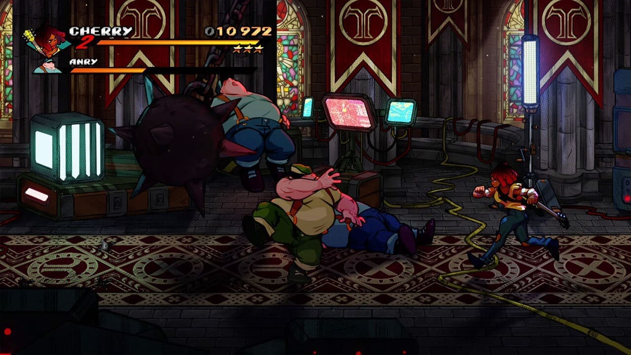 A bowling-alley stage with neon hazards and background activity