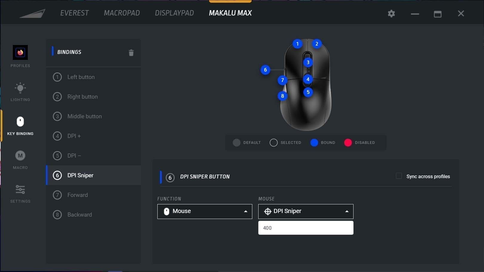 Base Camp software—Makalu Max configuration screen