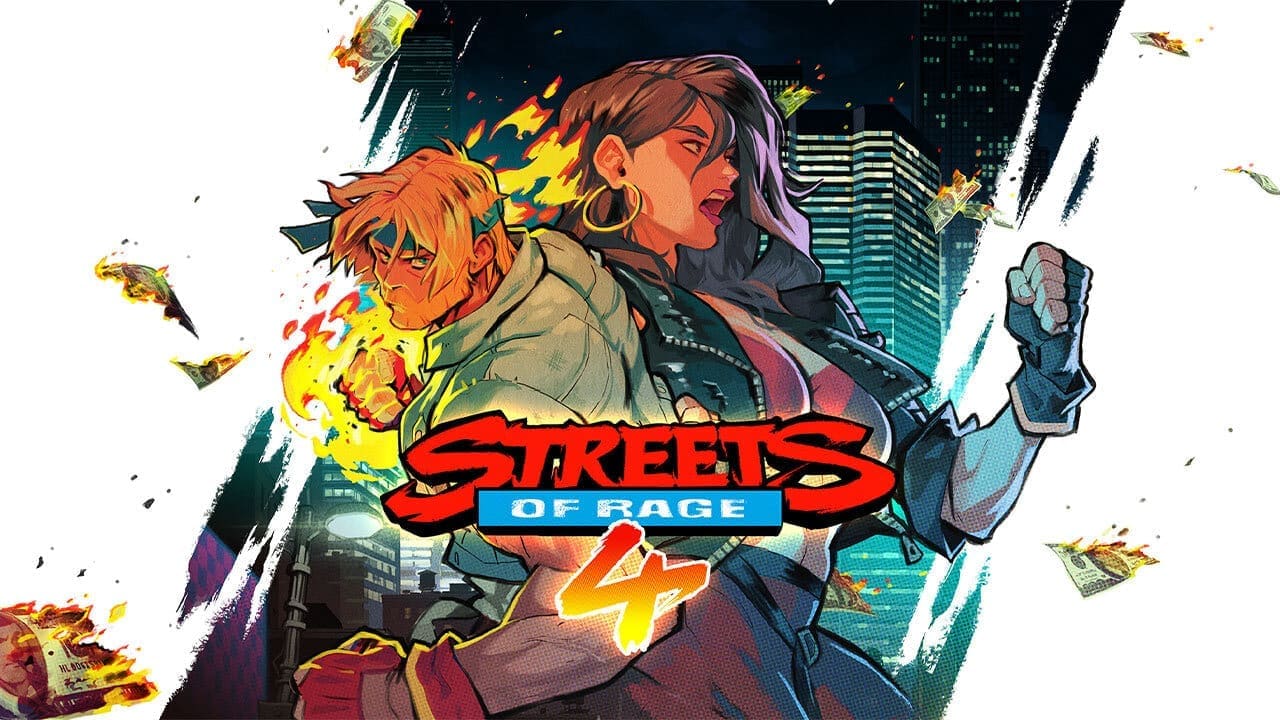 Streets of Rage 4 key art — Axel, Blaze, Cherry and Floyd striking combat poses