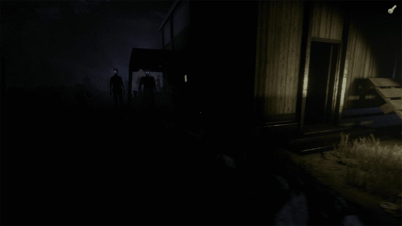 Silhouetted figures lurk at the edge of darkness along a highway; the lit path is safe.