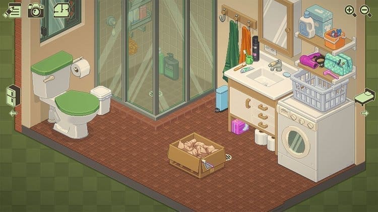 Bathroom scene from Unpacking with neatly arranged items