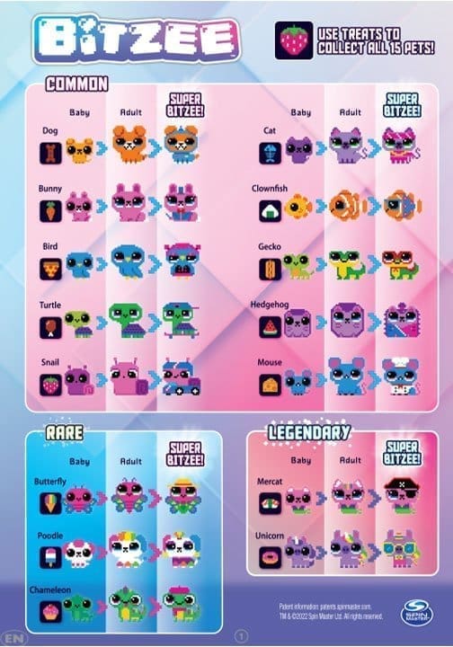 A collection of Bitzee pets — character sheet of the creatures you can unlock