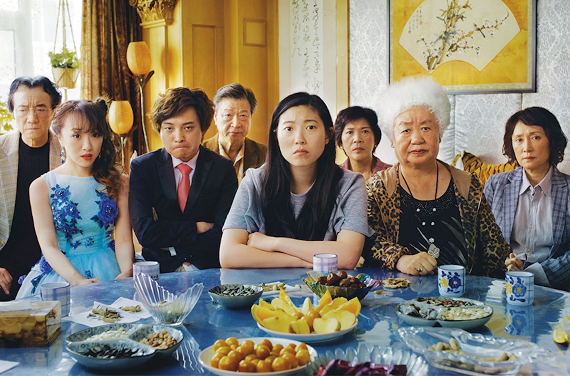 Cast of The Farewell at a family gathering