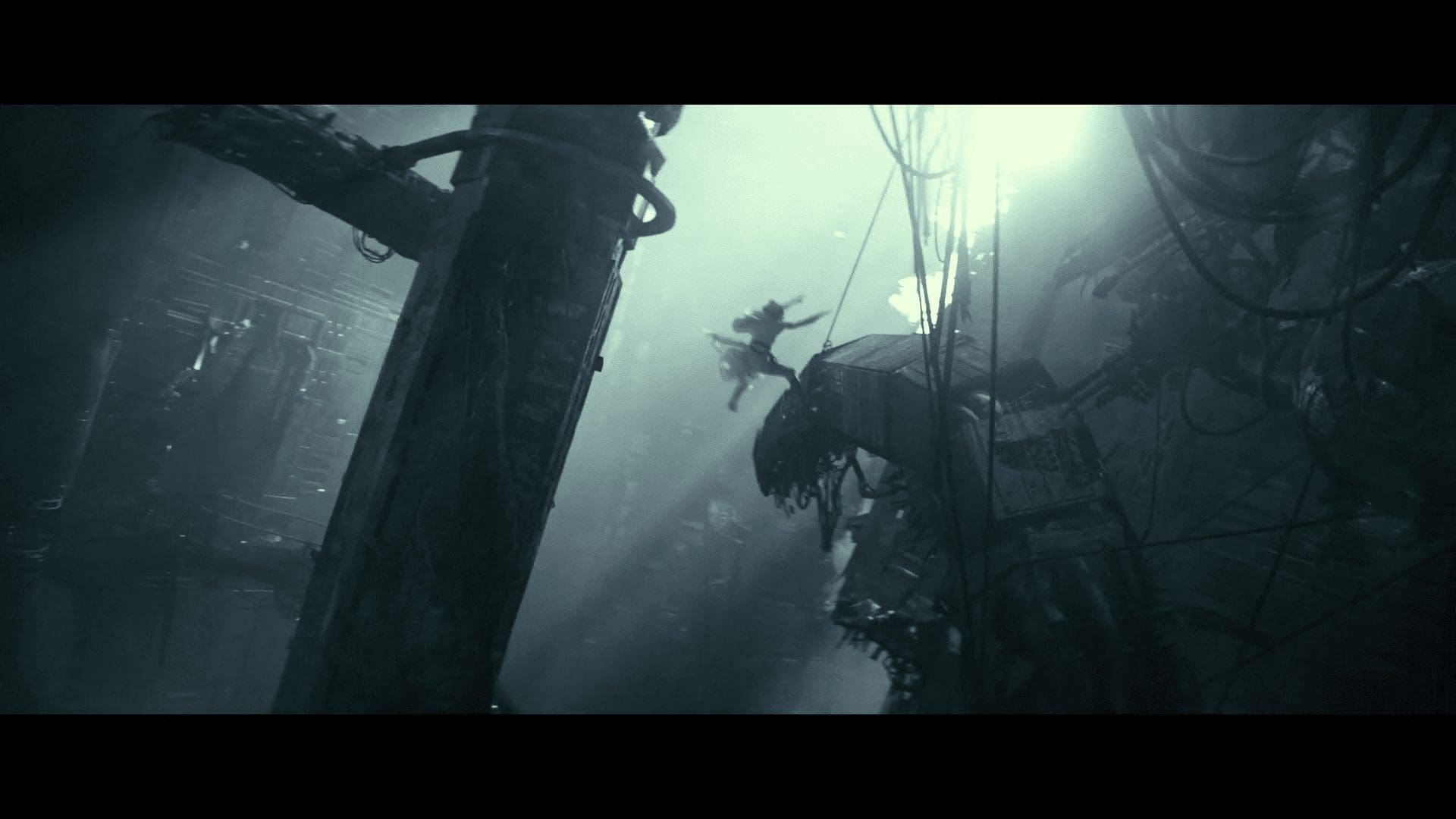 Rey lands on metallic wreckage