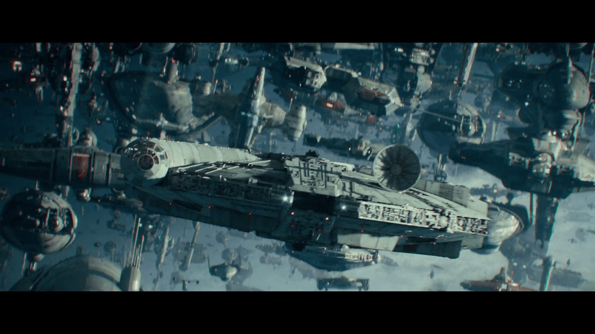 Falcon cockpit with Rey, Chewie, Finn and Poe