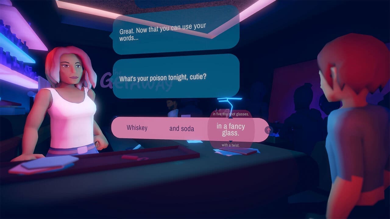 Sentence-building mechanic with slot-style word choices